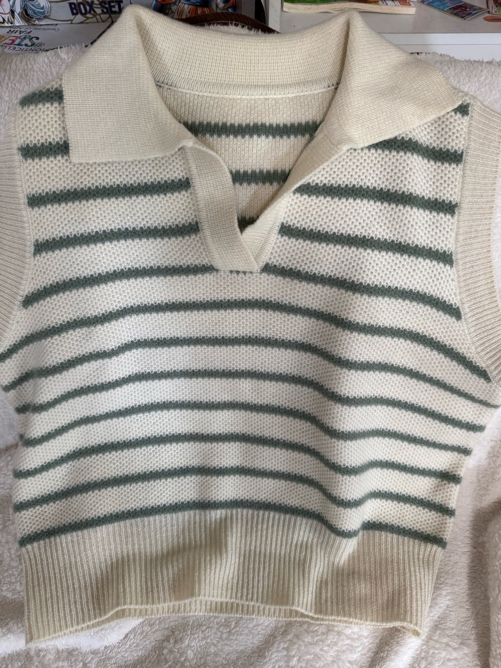 Cream & Forest Green Striped Knit Polo Vest new